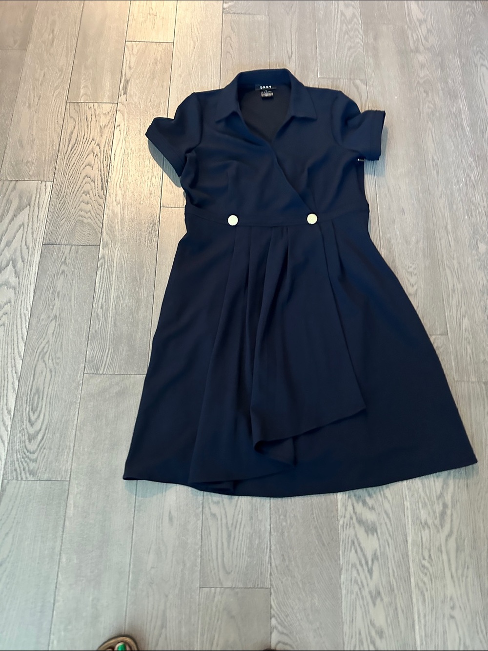 DKNY Navy Short-Sleeve Faux-Wrap Midi Dress with Button Detail